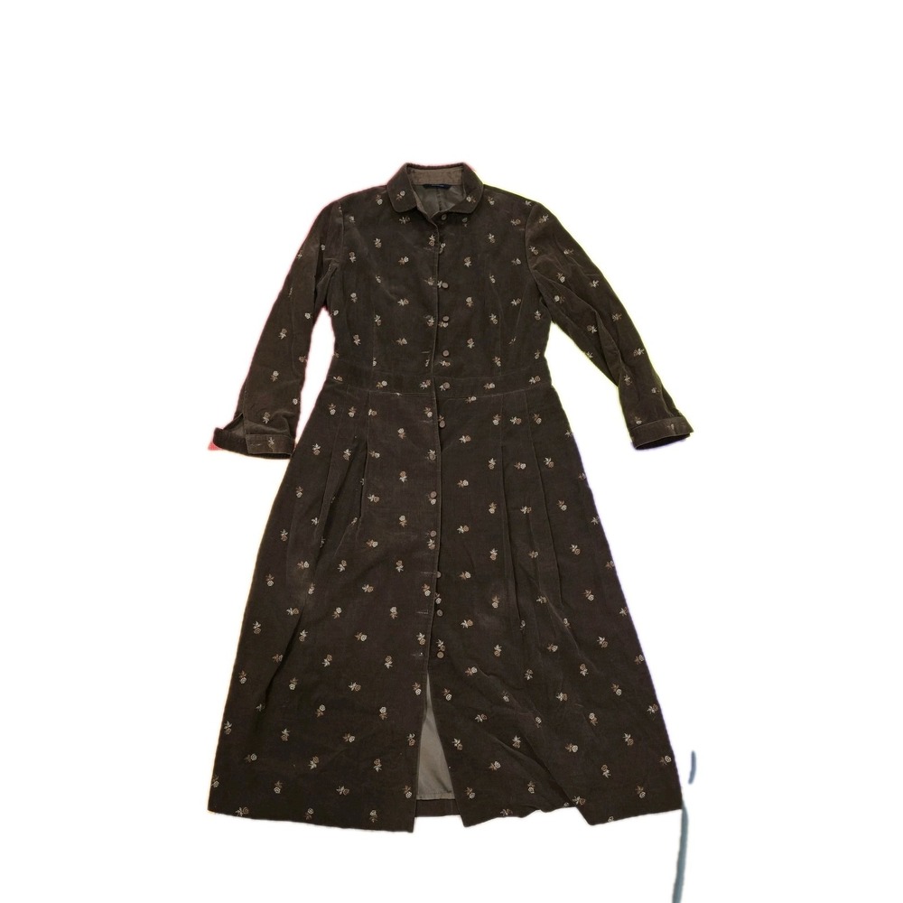 Bucolique Brown Corduroy Floral Midi Dress, Women's Petite Size S, Pleated with